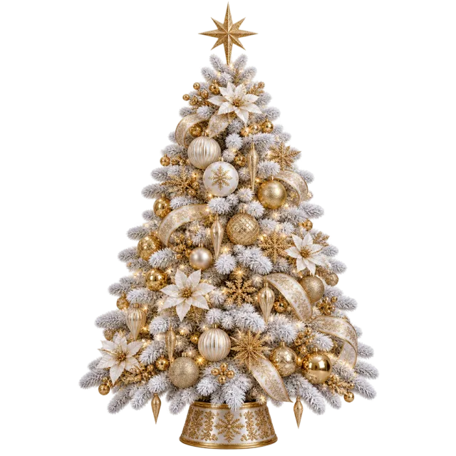 White tree filled with gold baubles, pale flowers, gold ribbons and a star topper