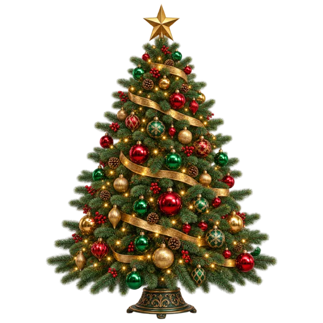 Broad green Christmas tree with large red and gold baubles and winding gold ribbon