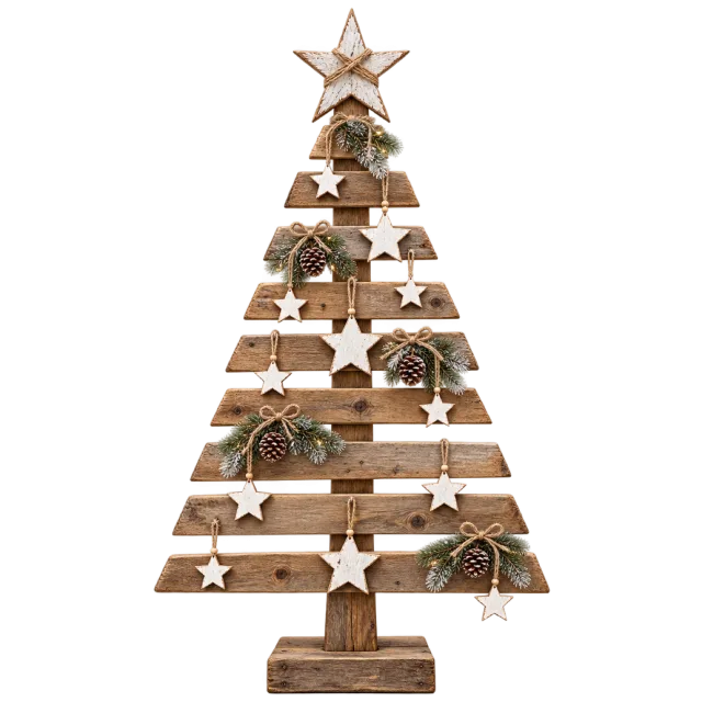 Tree-shaped arrangement of horizontal wooden slats with white stars and hanging pinecones