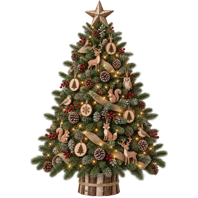 Green tree decorated with woodland animal shapes, pinecones, wood slices and rustic ribbons