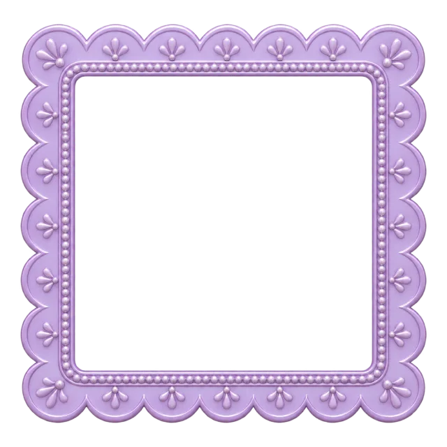 Square lavender frame with rounded scalloped edges and small embossed floral details