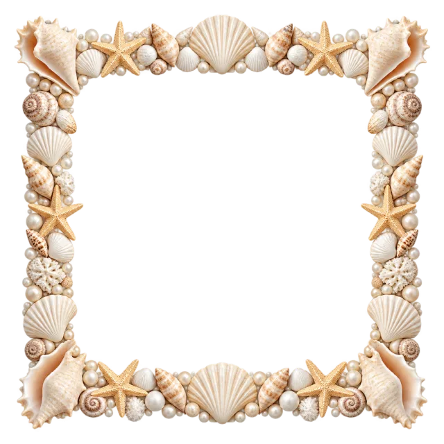 Square border of pale seashells, spiral shells and small beige starfish