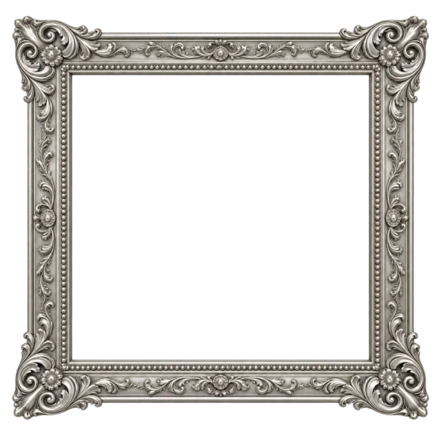 Square silver-colored frame with embossed floral patterns and elaborate curled corners