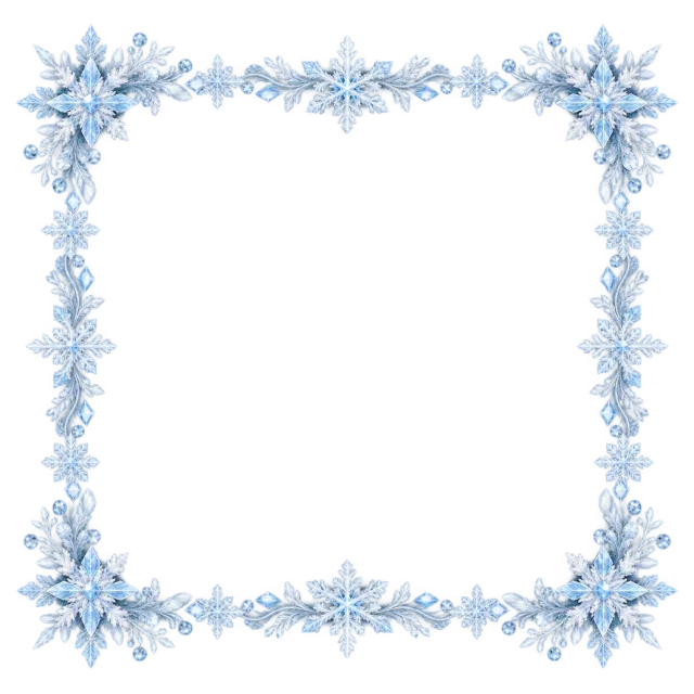 Square border of icy blue snowflakes with larger crystal clusters at the corners