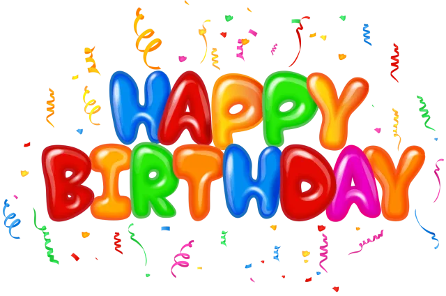 Multicolored happy birthday lettering surrounded by streamers and confetti on a transparent background