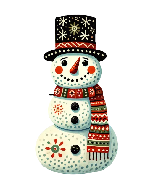 Illustrated snowman with a patterned black hat, red scarf and colorful buttons on a transparent background