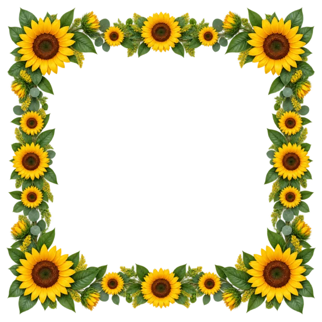 Square border of bright yellow sunflowers with dark centers and green leaves