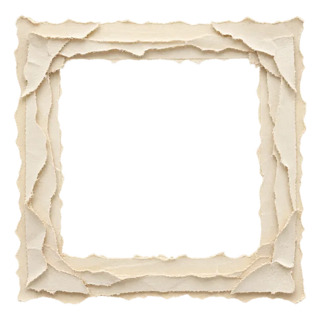 Square frame of layered cream paper with rough torn edges