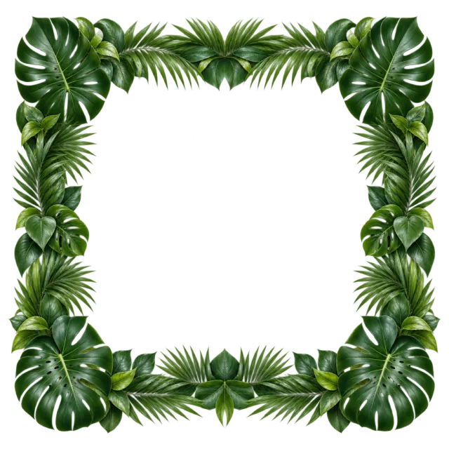 Square border packed with glossy monstera leaves and narrow palm fronds