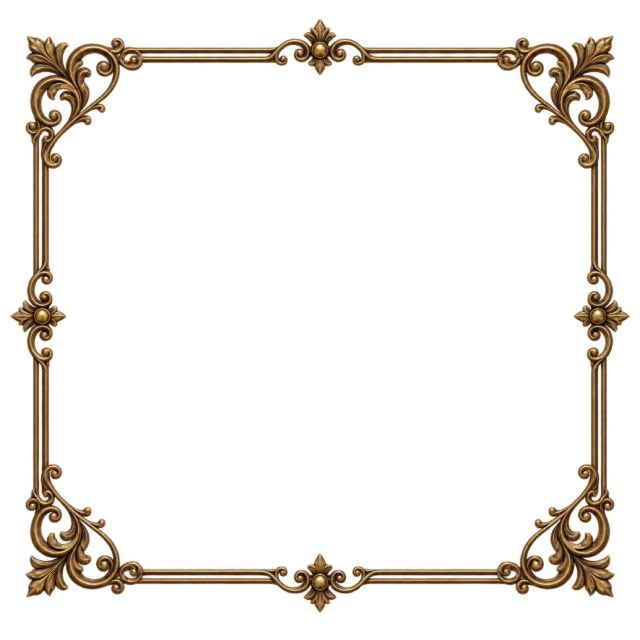 Thin square gold-colored border with ornate scrolling corners and small central flourishes
