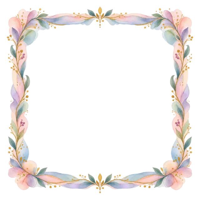 Square border of flowing pastel pink, blue and lavender leaves with tiny gold accents