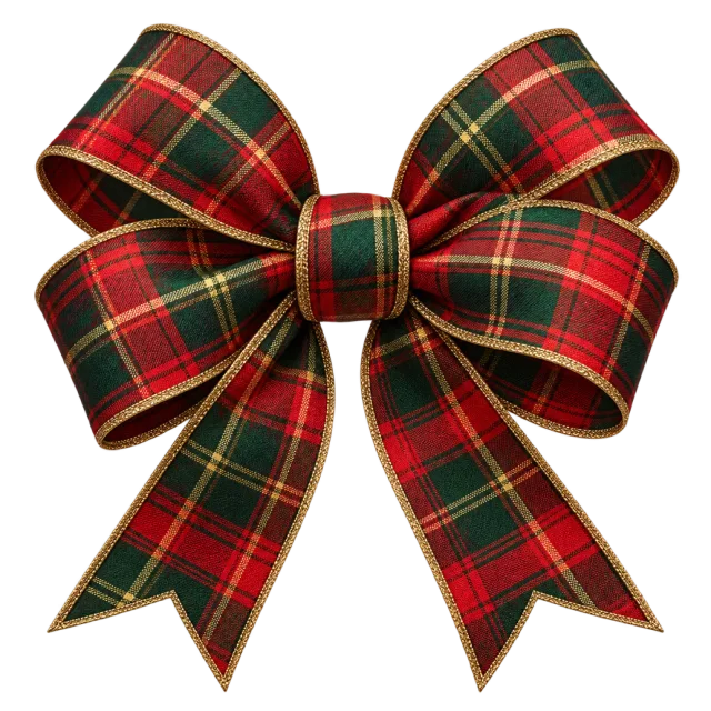 Red and dark green tartan bow crossed by thin gold lines
