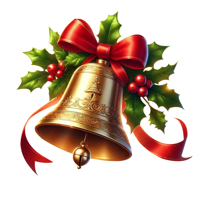 Two golden bells decorated with a red bow, holly leaves and berries on a transparent background