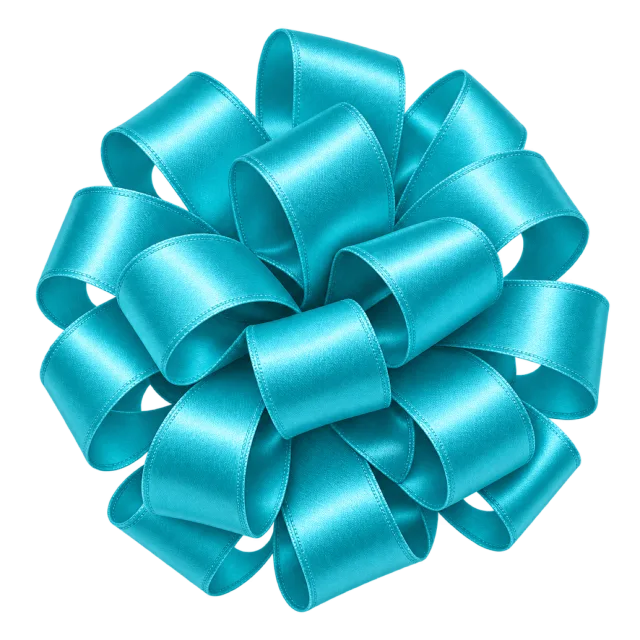Round turquoise gift bow formed from many curled satin-style loops