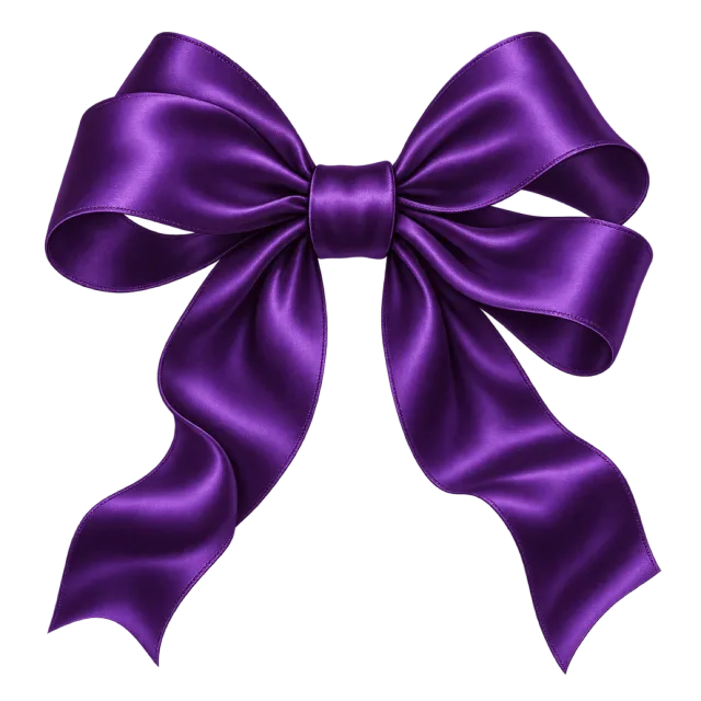 Rich purple satin-style bow with glossy folds and flowing tails