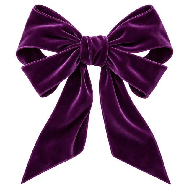 Dark purple bow with soft velvet-like folds and long pointed tails