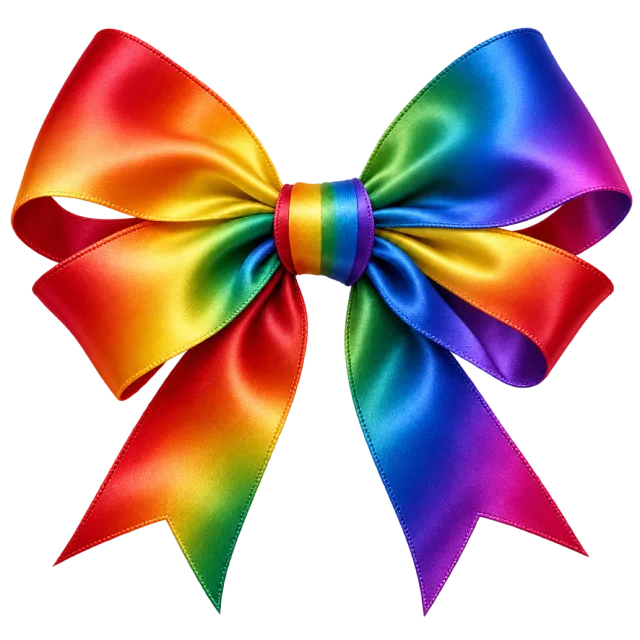 Glossy ribbon bow blending red, orange, yellow, green, blue and purple