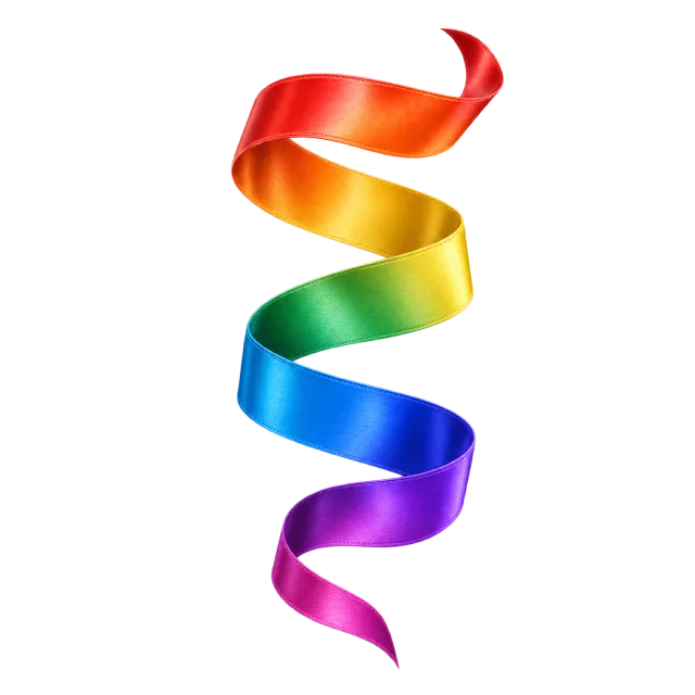 Single long ribbon curling downward through vivid rainbow colors