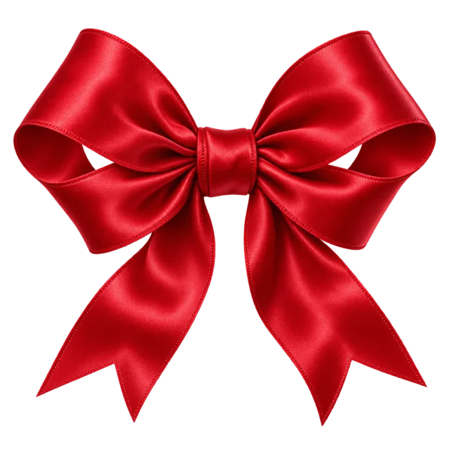 Bright red satin-style bow with broad glossy loops and two notched tails