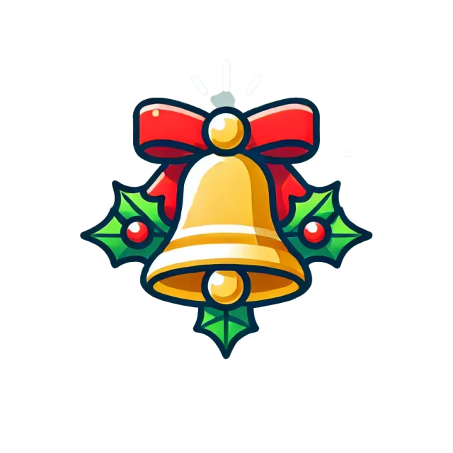 Bold outlined golden bell with a red bow and green holly leaves on a transparent background
