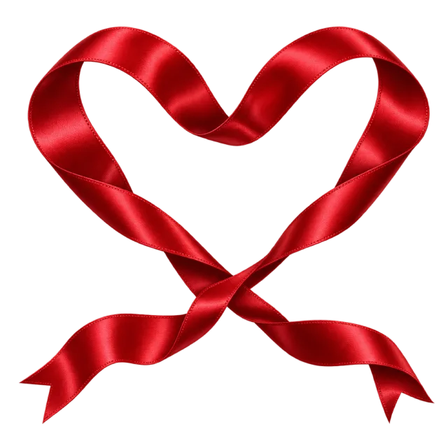 Red satin-style ribbon shaped into an open heart with crossed trailing ends
