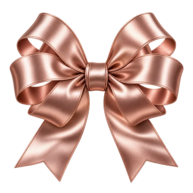 Rose gold-colored bow with reflective folded loops and notched tails