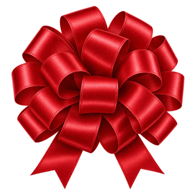 Round red rosette bow made from layered ribbon loops above short tails
