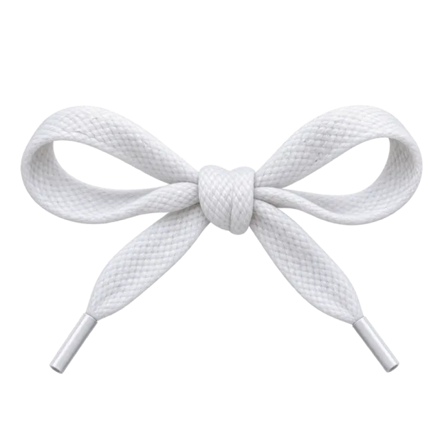White woven shoelace tied into a simple bow with capped ends