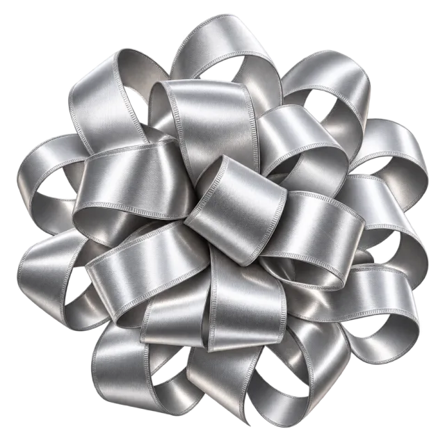 Round gift bow built from layered reflective silver ribbon loops