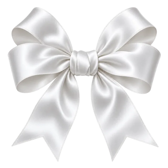 White satin-style bow with bright glossy folds and wide notched tails