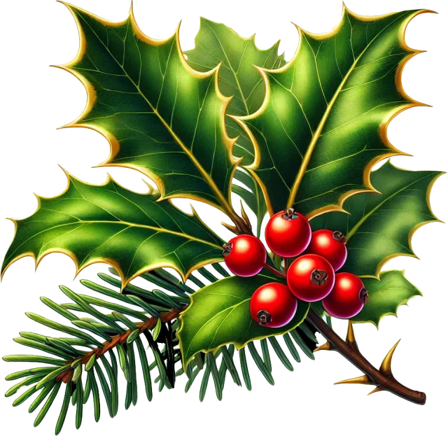 Green holly leaves with red berries and a sprig of pine needles on a transparent background