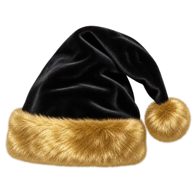 Black velvet-style Santa hat with a fluffy gold cuff and matching pom-pom