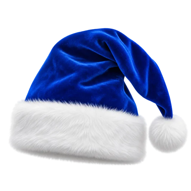 Royal blue velvet-style hat with a white furry cuff and dangling white pom-pom