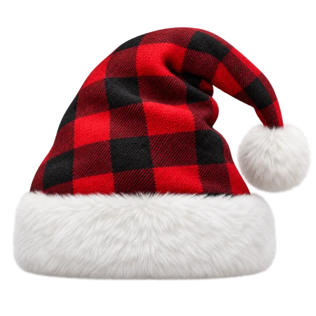 Santa hat patterned with large red and black checks above a fluffy white cuff