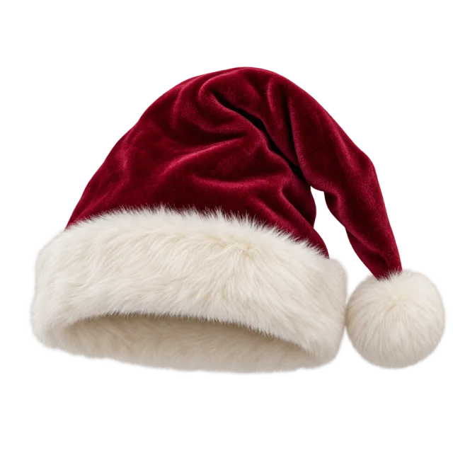 Deep burgundy velvet-style hat with cream fur trim and a round pale pom-pom