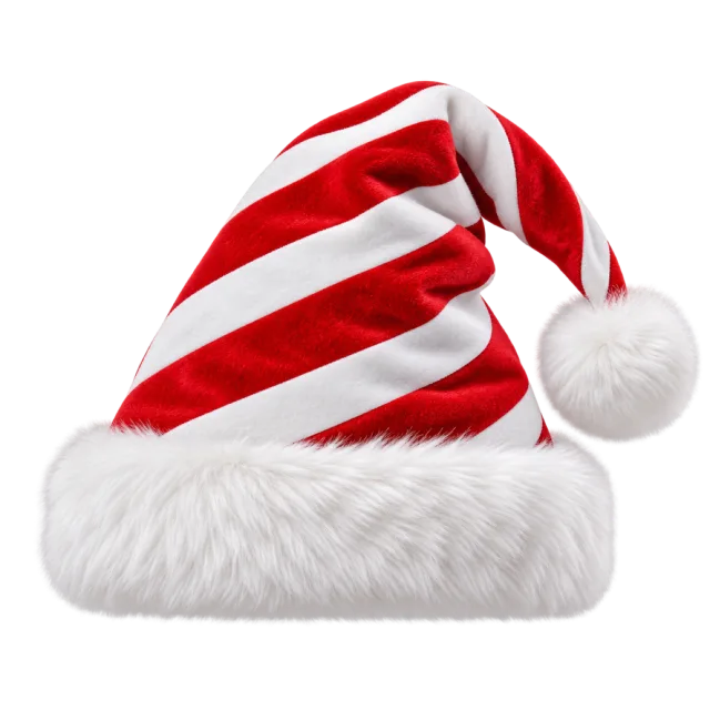 Santa hat with diagonal red and white stripes, a fluffy white cuff and pom-pom