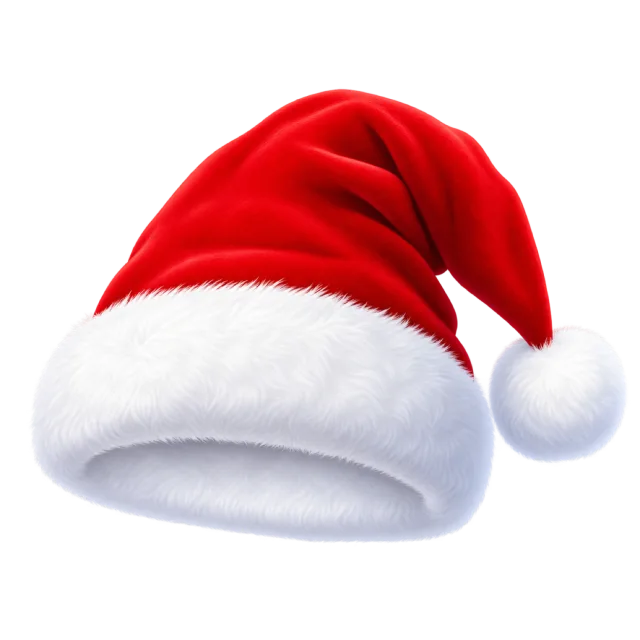 Bright red cartoon-style Santa hat with soft white trim and a curved drooping tip