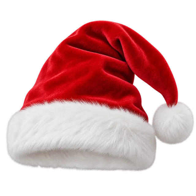 Red velvet-style hat with a broad fluffy white cuff and white pom-pom