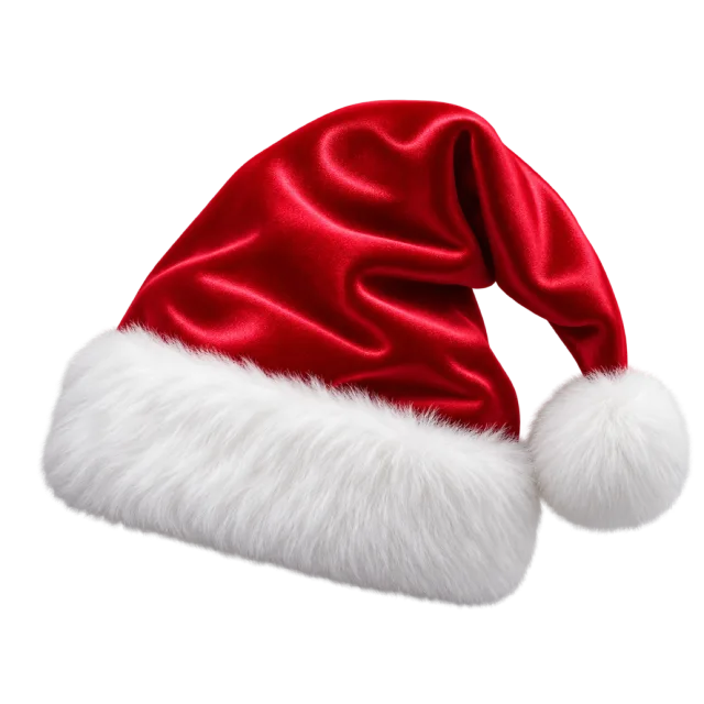 Glossy crimson satin-style hat with flowing folds and white fur trim