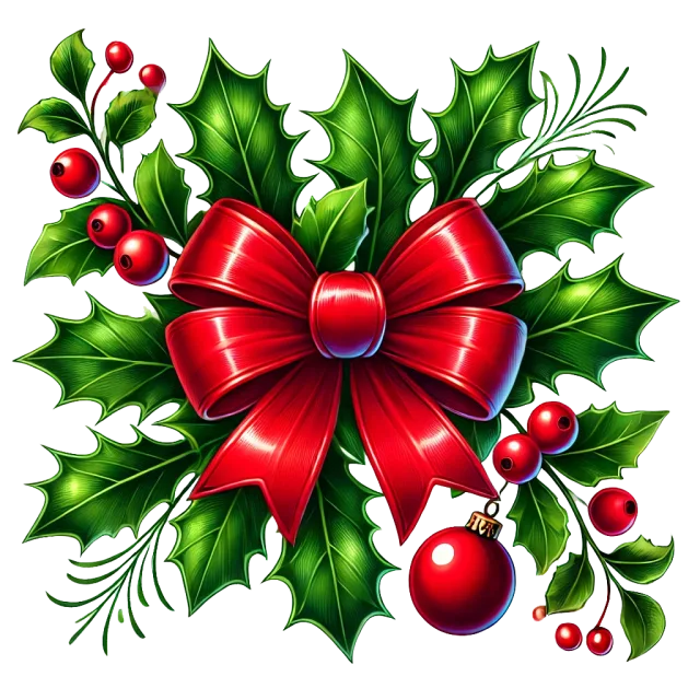 Large red ribbon bow surrounded by holly leaves, berries and red ornaments on a transparent background