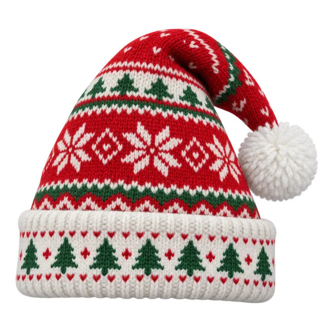 Red knitted hat patterned with white snowflakes and green trees above a patterned cuff