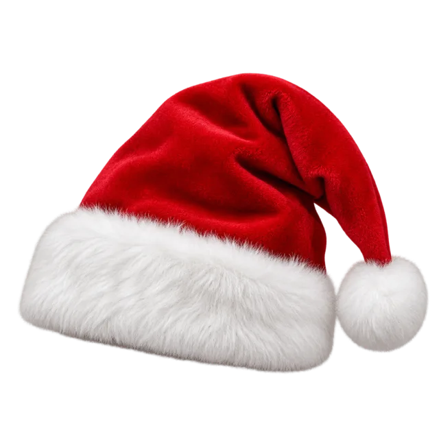 Soft red Santa hat with a folded crown, wide white furry cuff and side pom-pom