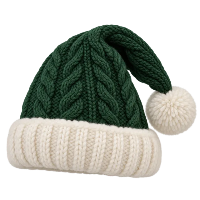 Dark green cable-knit hat with a cream ribbed cuff and cream yarn pom-pom