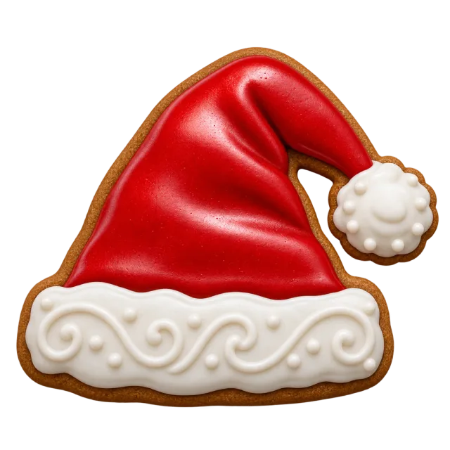Hat-shaped cookie topped with glossy red icing and curled white icing trim