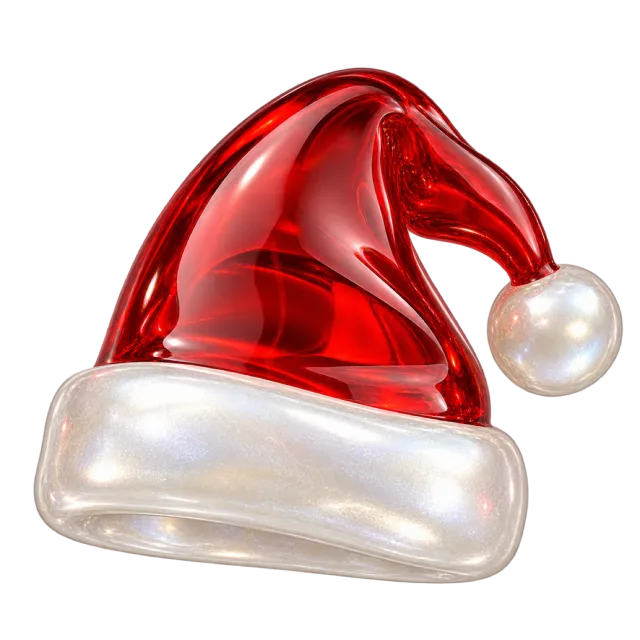 Glossy translucent-looking red hat with a pearly white cuff and round pom-pom