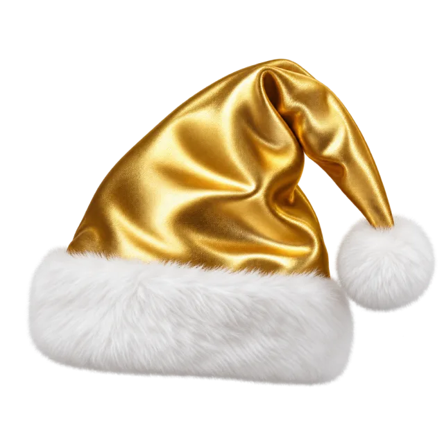 Shiny gold satin-style hat with white fluffy trim and a white pom-pom