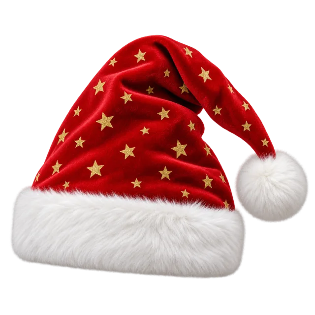 Red Santa hat scattered with small gold stars above a white furry cuff