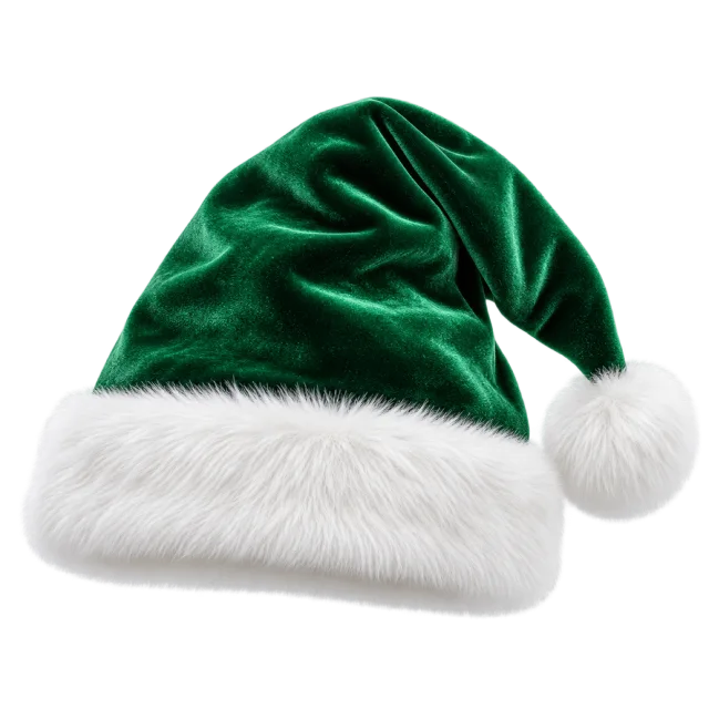 Deep emerald velvet-style hat with glossy folds and fluffy white trim