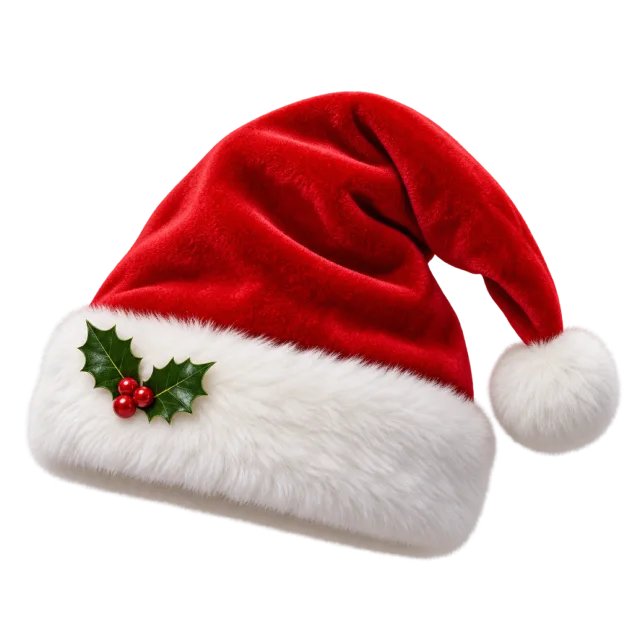 Red Santa hat with green holly leaves and red berries decorating its white cuff