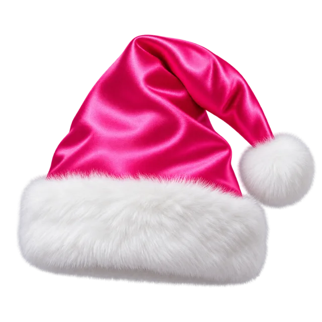 Vivid pink satin-style hat with a white furry cuff and round pom-pom